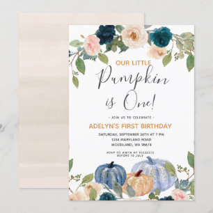 Navy Pumpkin Waterverf 1e verjaardag uitnodiging
