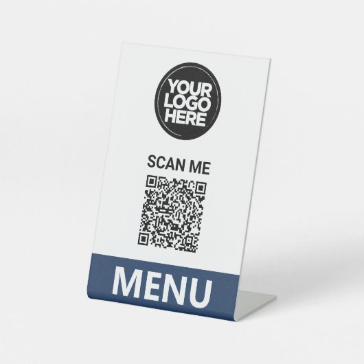 Navy QR Code Menu | Logo Contactless Modern Reclamebord Met Voetstuk (Voorkant)