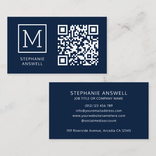 Navy QR Code Minimal Logo Professional Visitekaartje (Voorkant / Achterkant)