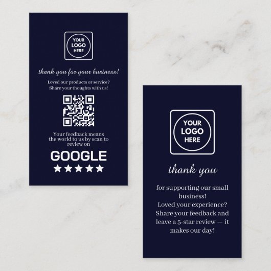 Navy QR | Google Reviews Custom Thank You Link Visitekaartje (Voorkant / Achterkant)
