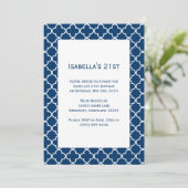 Navy Quatrefoil Birthday Invitation Kaart (Staand voorkant)