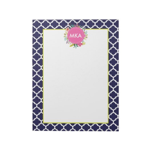 Navy Quatrefoil Floral Large Personalized Notitieb Notitieblok (Linkerzijde)