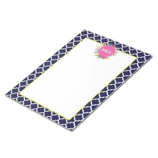 Navy Quatrefoil Floral Large Personalized Notitieb Notitieblok (Schuin)