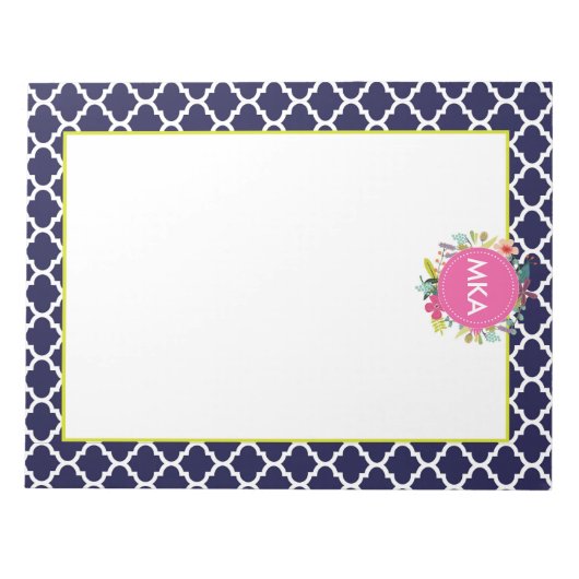 Navy Quatrefoil Floral Large Personalized Notitieb Notitieblok (Voorkant)