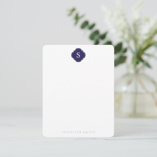 Navy Quatrefoil Monogram en Stripes Note Cards Kaart (Staand voorkant)