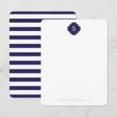 Navy Quatrefoil Monogram en Stripes Note Cards Kaart (Voorkant / Achterkant)