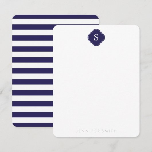 Navy Quatrefoil Monogram en Stripes Note Cards Kaart (Voorkant / Achterkant)