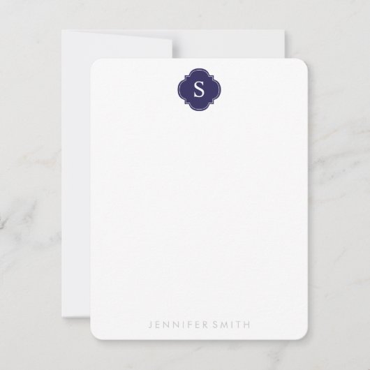 Navy Quatrefoil Monogram en Stripes Note Cards Kaart (Voorkant)