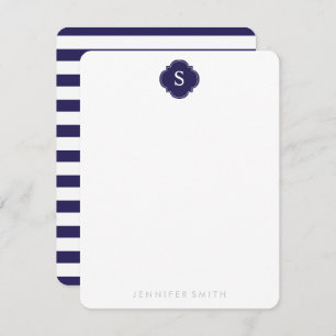 Navy Quatrefoil Monogram en Stripes Note Cards Kaart