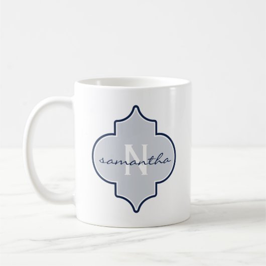 Navy Quatrefoil Monogram Koffiemok (Links)