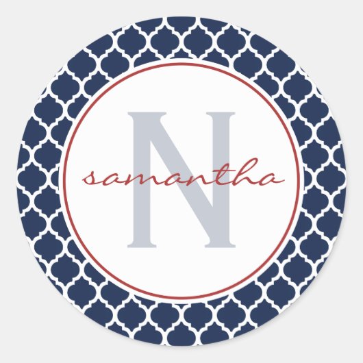 Navy Quatrefoil Monogram Ronde Sticker (Voorkant)