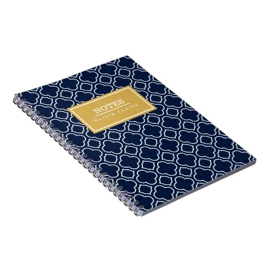 Navy Quatrefoil Pattern Gold Name Sjabloon Notitieboek (Rechterzijde)