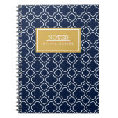Navy Quatrefoil Pattern Gold Name Sjabloon Notitieboek (Voorkant)