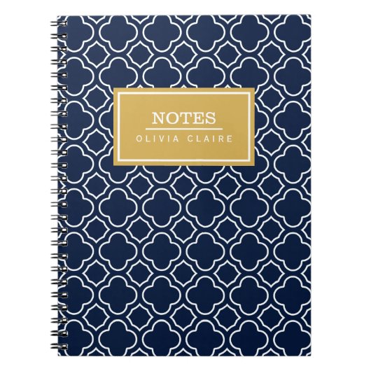 Navy Quatrefoil Pattern Gold Name Sjabloon Notitieboek (Voorkant)