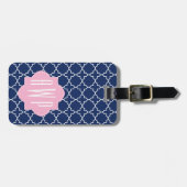 Navy Quatrefoil & Roze Monogram Bagagelabel (Voorkant horizontaal)