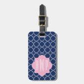 Navy Quatrefoil & Roze Monogram Bagagelabel (Voorkant verticaal)