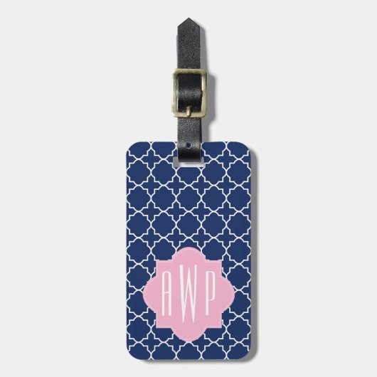 Navy Quatrefoil & Roze Monogram Bagagelabel (Voorkant verticaal)