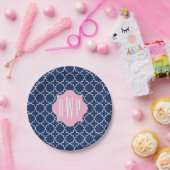 Navy Quatrefoil + Roze Monogram Papieren Bordje (Feest)