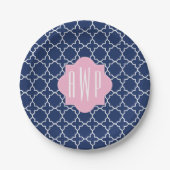 Navy Quatrefoil + Roze Monogram Papieren Bordje (Voorkant)