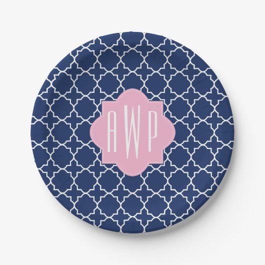 Navy Quatrefoil + Roze Monogram Papieren Bordje (Voorkant)