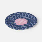 Navy Quatrefoil + Roze Monogram Papieren Bordje (Gekanteld)
