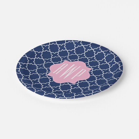 Navy Quatrefoil + Roze Monogram Papieren Bordje (Gekanteld)