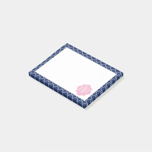 Navy Quatrefoil & Roze Monogram Post-it® Notes (Schuin)