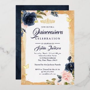 Navy Quinceanera Bloem Gouden Glans Tiara Folie Uitnodiging