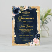 Navy Quinceanera Floral Sparkle Gold Tiara Folie Uitnodiging (Staand Voorkant)
