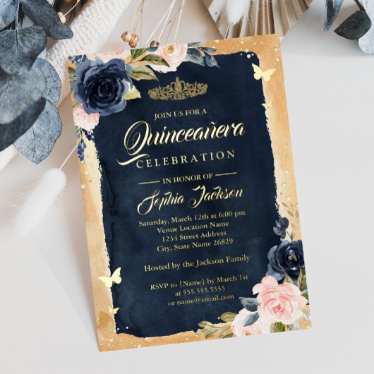 Navy Quinceanera Floral Sparkle Gold Tiara Folie Uitnodiging
