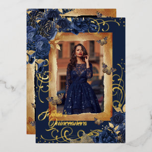 Navy Quinceanera Foto Roos Gouden Vlinder Folie Uitnodiging