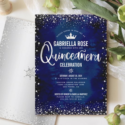 Navy Quinceañera Zilver Glitter Prinses Kroon Kaart