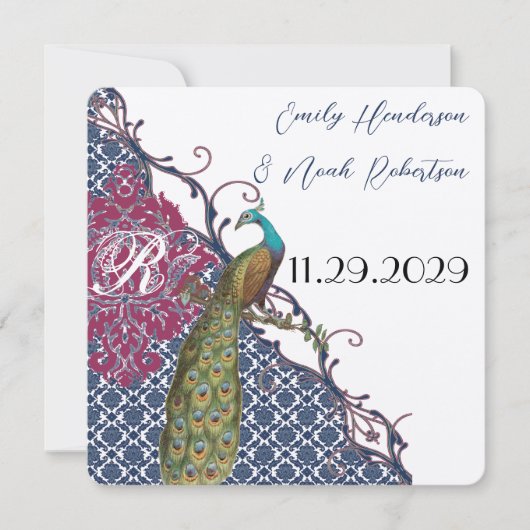 Navy & Raspberry Peacock Damask Save the Date Kaart (Voorkant)