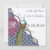 Navy & Raspberry Peacock Damask Save the Date Kaart (Voorkant)