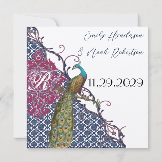 Navy & Raspberry Peacock Damask Save the Date Kaart (Voorkant)