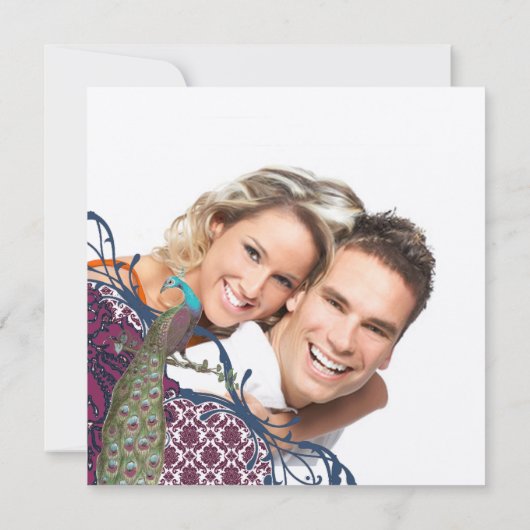 Navy & Raspberry Peacock Damask Save the Date Kaart (Achterkant)