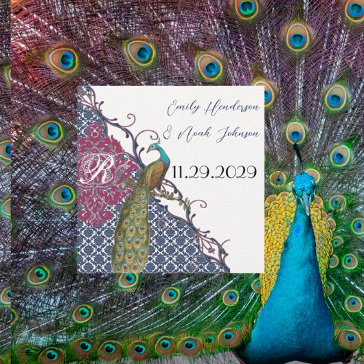 Navy & Raspberry Peacock Damask Save the Date Kaart