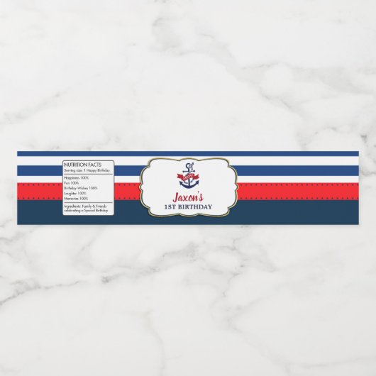 Navy Re Nautical 1e verjaardagsfeestje Ahoy Anker Waterfles Etiket (Enkel label)