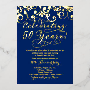 Navy Real Gold 50th Wedding Jubileum Folie Uitnodiging