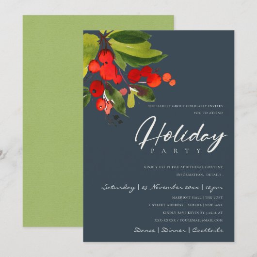 NAVY RED BERRIES CORPORATE HOLIDAY CHRISTMAS PARTI KAART (Voorkant / Achterkant)