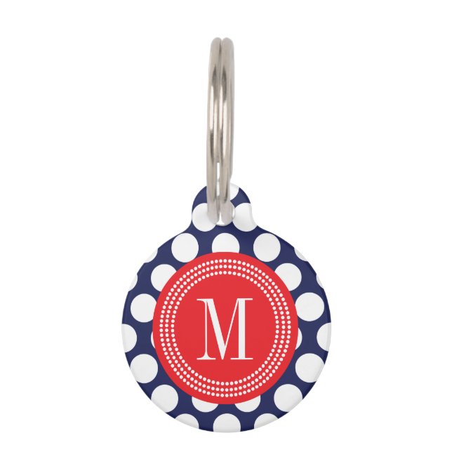 Navy & Red Big Polka Dots monogrammed Huisdierpenning (Voorkant)