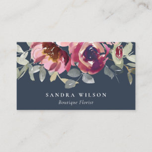 NAVY RED BLUSH BURGUNDY ROOS WATERVERF FLORAL VISITEKAARTJE