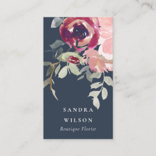 NAVY RED BLUSH BURGUNDY ROOS WATERVERF FLORAL VISITEKAARTJE