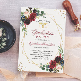 Navy Red Floral Gold Medical Symbol Afstuderen Kaart