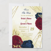 Navy Red Flowers Gouden bladeren bewaren de datum Save The Date (Voorkant)