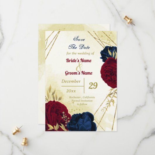 Navy Red Flowers Gouden bladeren bewaren de datum Save The Date (Voorkant / Achterkant in situ)