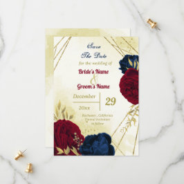 Navy Red Flowers Gouden bladeren bewaren de datum Save The Date