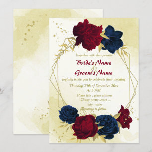 Navy Red Flowers Gouden bladeren Geometrische brui Kaart