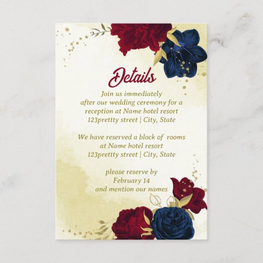 Navy Red Flowers Gouden bladeren Informatiekaartje (Voorkant)