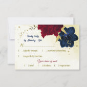 Navy Red Flowers Gouden bladeren RSVP Kaartje (Voorkant)